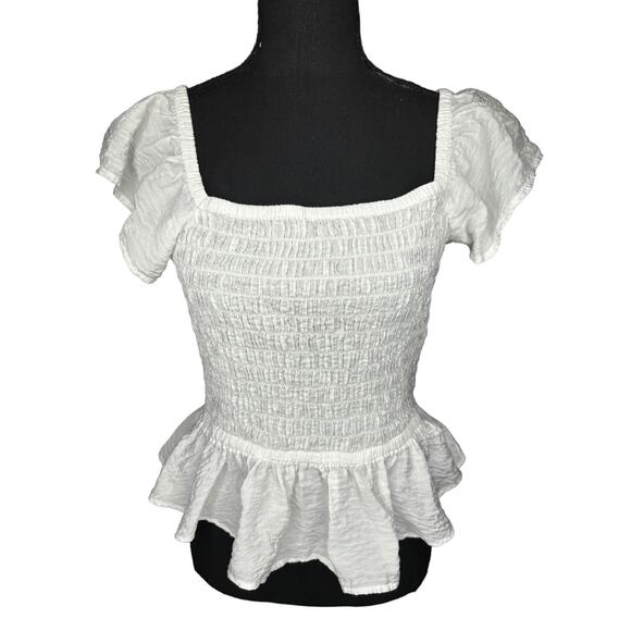 Open Edit Smocked Peplum Top In Ivory Size M Flutter Sleeves Viscose Coquette - Picture 2 of 8